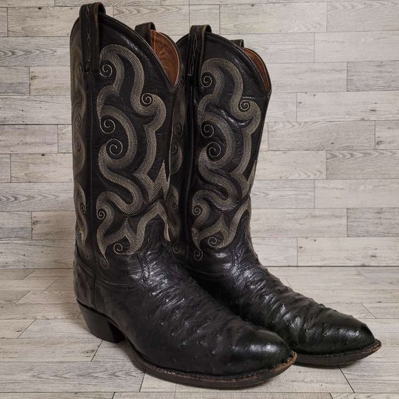Men's Tony Lama Western Black Ostrich Leather Rodeo Cowboy Boots